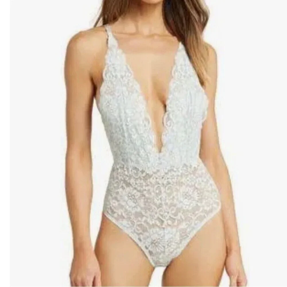 NWT Free People X HAH Comin in Haht Lace Bodysuit Small Something Blue Bride